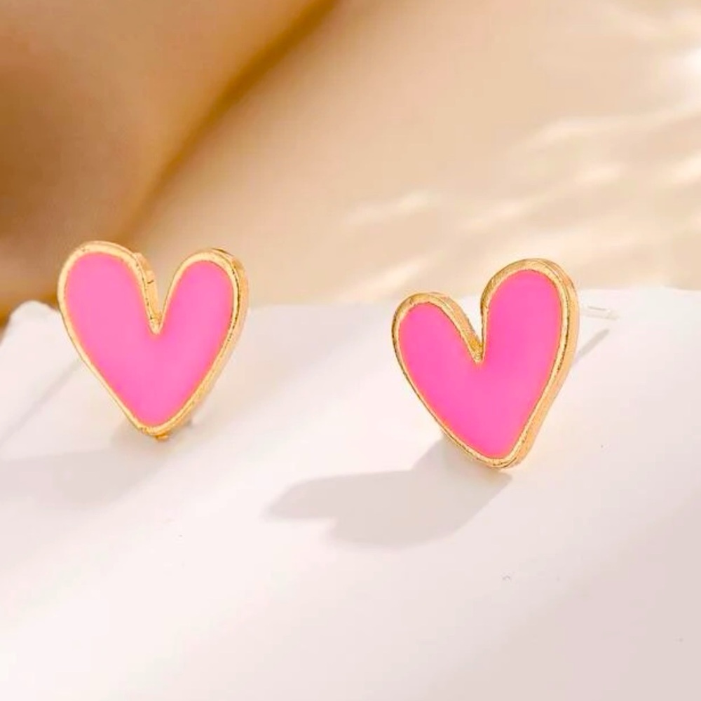 Barbie Pink Heart Enamel Gold Tone Holiday Boho Dainty Goth Valentine EARRINGS